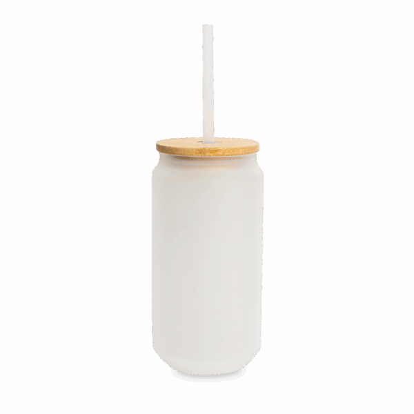 16oz Frosted Glass Can with Bamboo Lid and Straw
